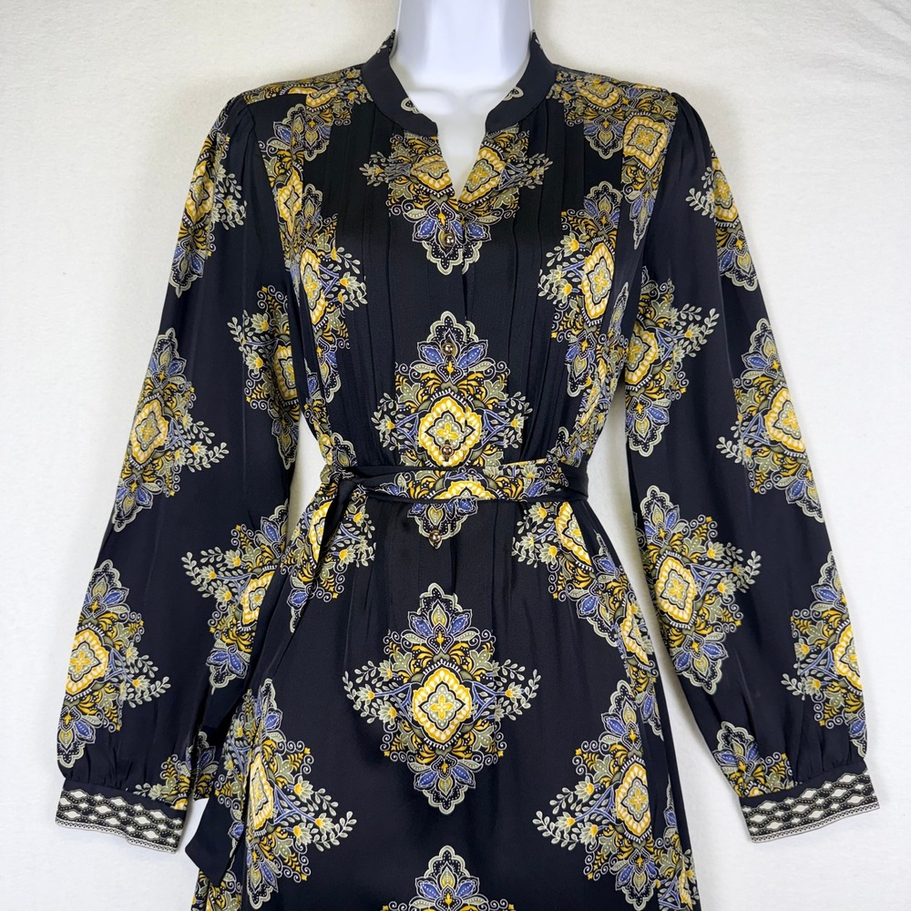 Elie Tahari Silk Blend The Mila Tie Dress Midi SzM Designer Quiet Luxury Boho - Picture 3 of 10
